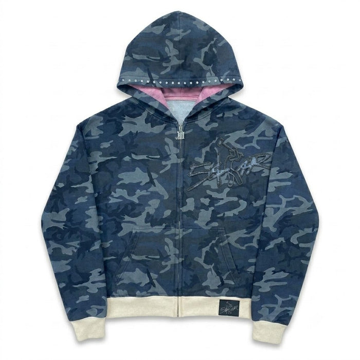 Five $tar "Midnight Camo" Rhinestone Zip-Up Hoodie – Blue Camouflage Heavyweight Fleece