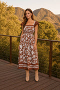 FLORAL BORDER DETAIL SMOCKED WAIST MIDI DRESS