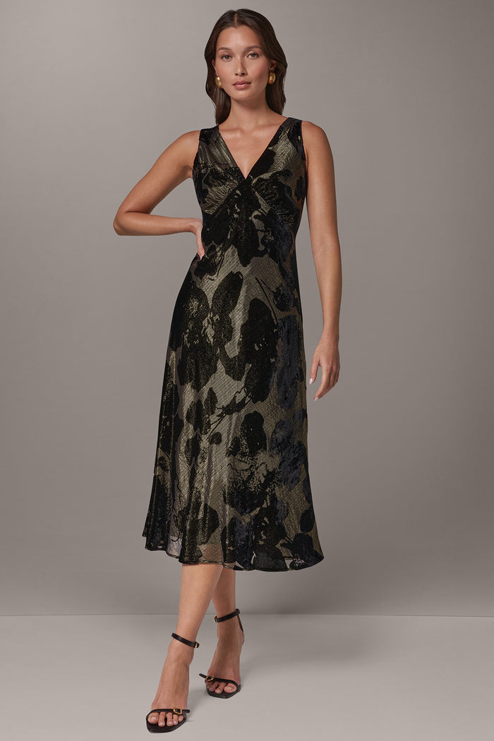 FLORAL BURNOUT VELVET MIDI DRESS