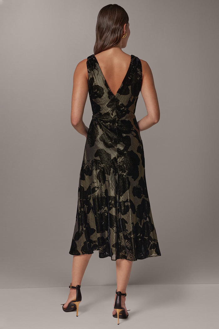 FLORAL BURNOUT VELVET MIDI DRESS