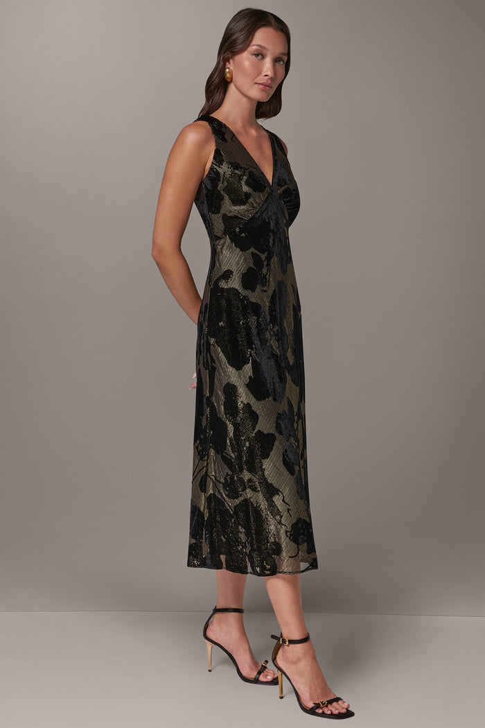 FLORAL BURNOUT VELVET MIDI DRESS