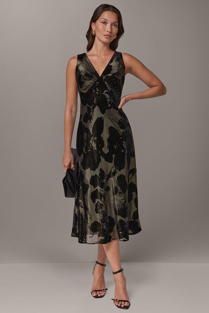 FLORAL BURNOUT VELVET MIDI DRESS