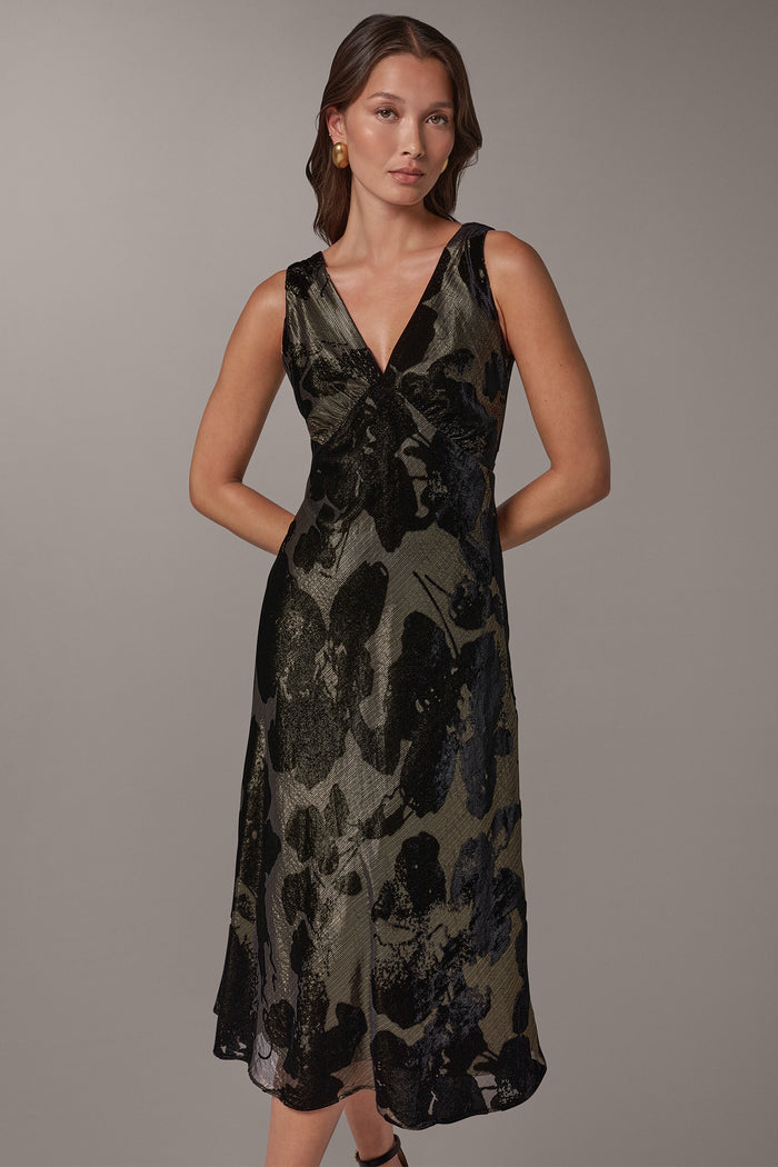 FLORAL BURNOUT VELVET MIDI DRESS