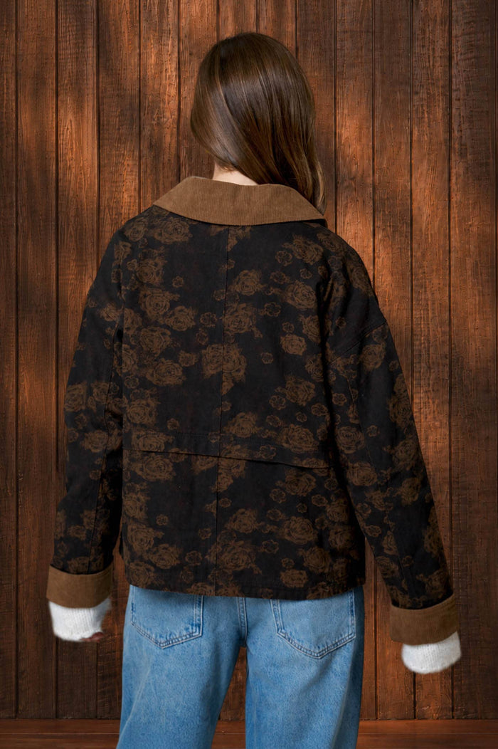 FLORAL DENIM JACQUARD CORDUROY COLLAR JACKET