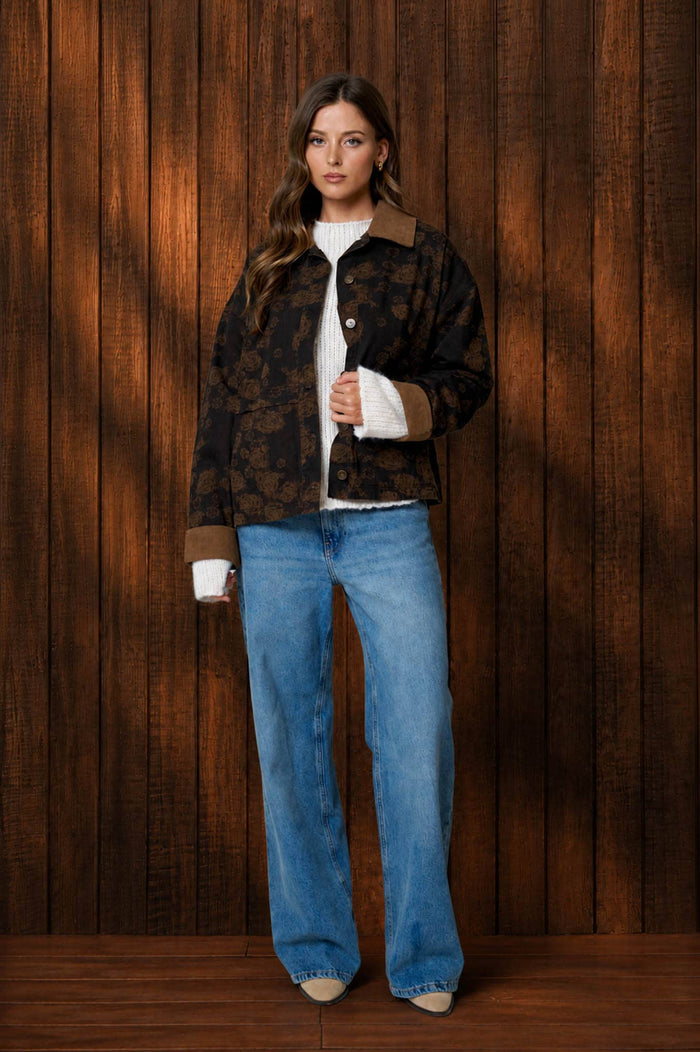 FLORAL DENIM JACQUARD CORDUROY COLLAR JACKET