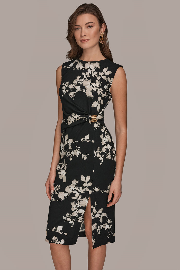 FLORAL SLEEVELESS TWIST-WAIST SHEATH DRESS