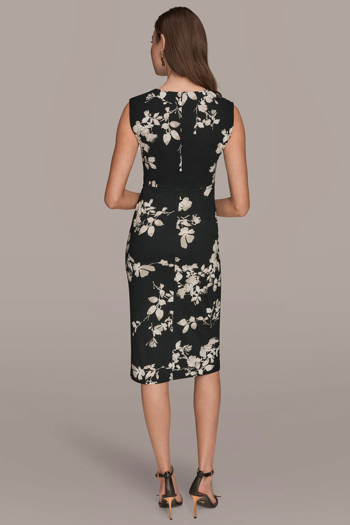 FLORAL SLEEVELESS TWIST-WAIST SHEATH DRESS