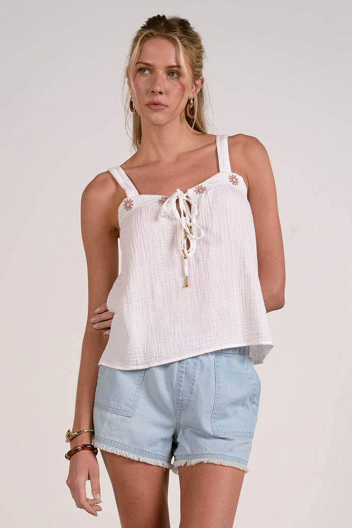 Flowy Tank Top with Embroidered Details - White