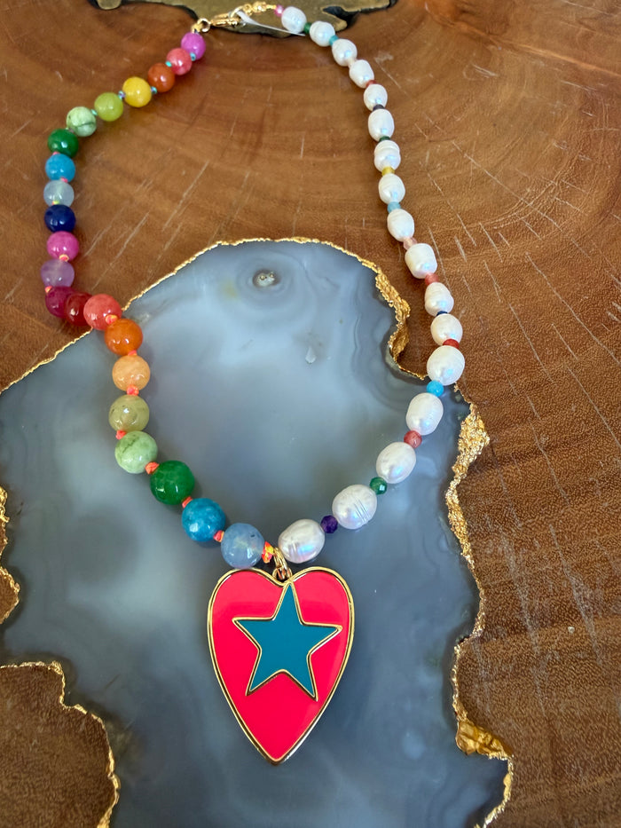 Gems by SJ Pink Heart Blue Star Necklace
