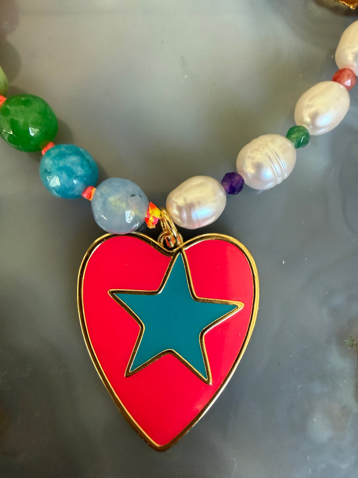 Gems by SJ Pink Heart Blue Star Necklace