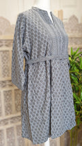 Grey Short Belted Chikankari A-Line Kurti