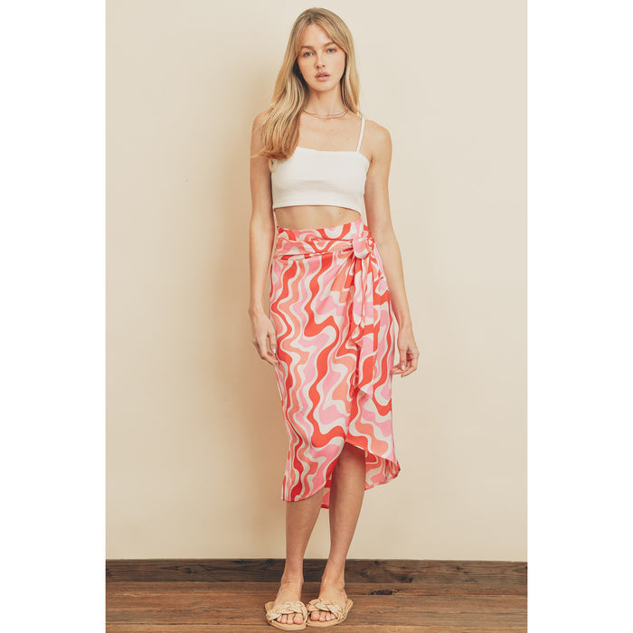 Groovy Tulip Wrap Midi Skirt - Coral/Red