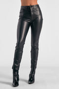 High Waist Straight Leg Vegan Leather Pants - Black
