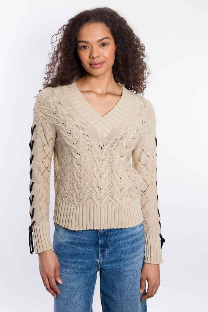 &Isla Braided Sleeve Cable Vee in Sand, worn by model