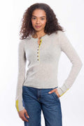 &Isla Crew Henley in Frost, worn by model
