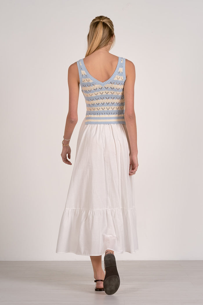 Knit Tank and Woven Skirt Midi Dress - White/Blue Stripe