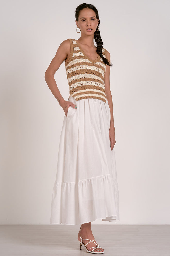 Knit Tank and Woven Skirt Midi Dress - White/Tan Stripe