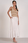 Knit Tank and Woven Skirt Midi Dress - White/Tan Stripe