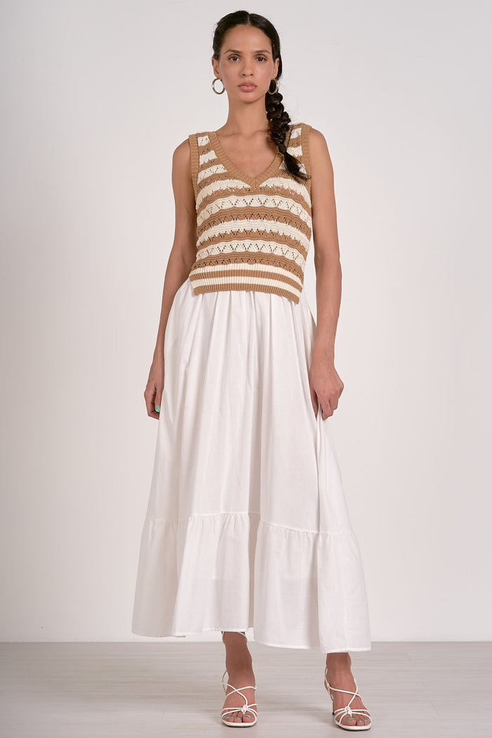 Knit Tank and Woven Skirt Midi Dress - White/Tan Stripe