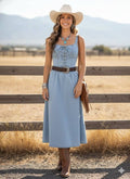 Lace-Up Front Stretch Denim Midi Dress