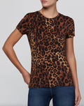 L'Agence Ressi Crew tee in tan Javan leopard print, shown on model, front view