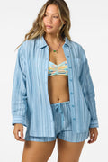 Leni Waves Strip Relaxed Long Sleeve Button-Down Shirt - Chambray Blue