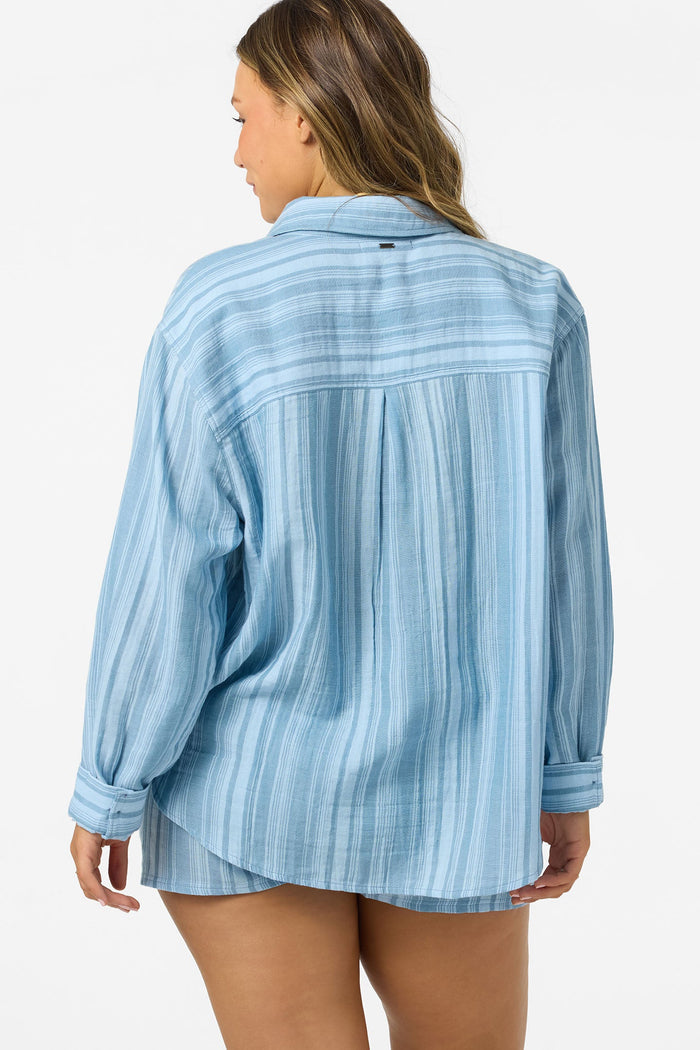Leni Waves Strip Relaxed Long Sleeve Button-Down Shirt - Chambray Blue
