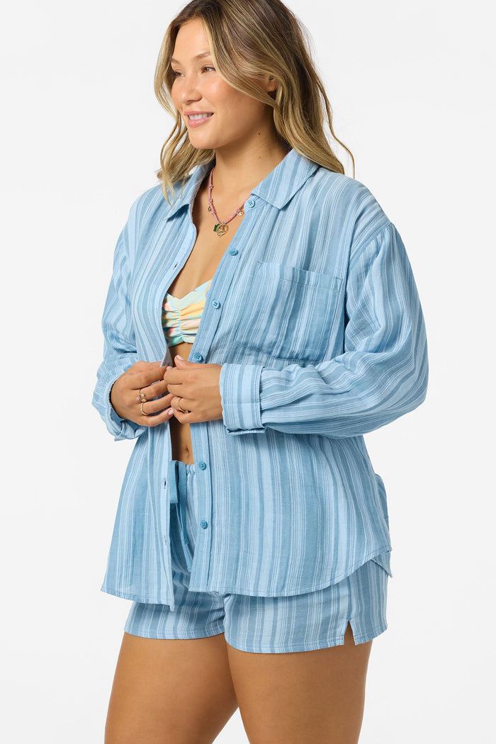 Leni Waves Strip Relaxed Long Sleeve Button-Down Shirt - Chambray Blue