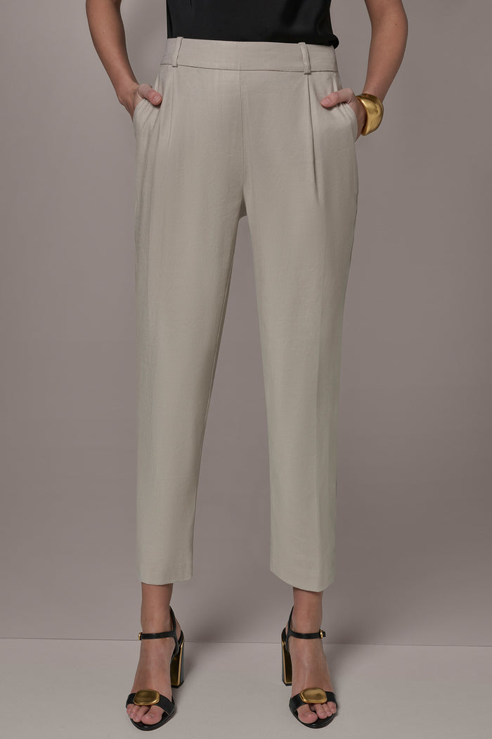 LINEN-BLEND HIGH-RISE PLEATED STRAIGHT ANKLE PANT