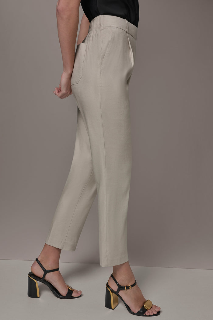 LINEN-BLEND HIGH-RISE PLEATED STRAIGHT ANKLE PANT