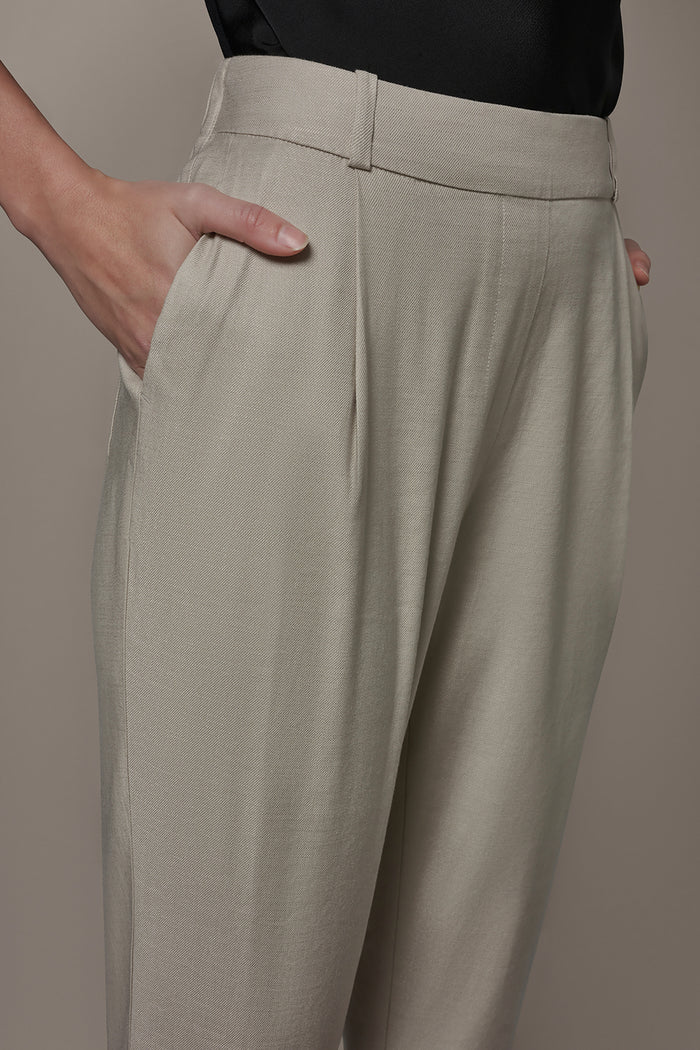 LINEN-BLEND HIGH-RISE PLEATED STRAIGHT ANKLE PANT