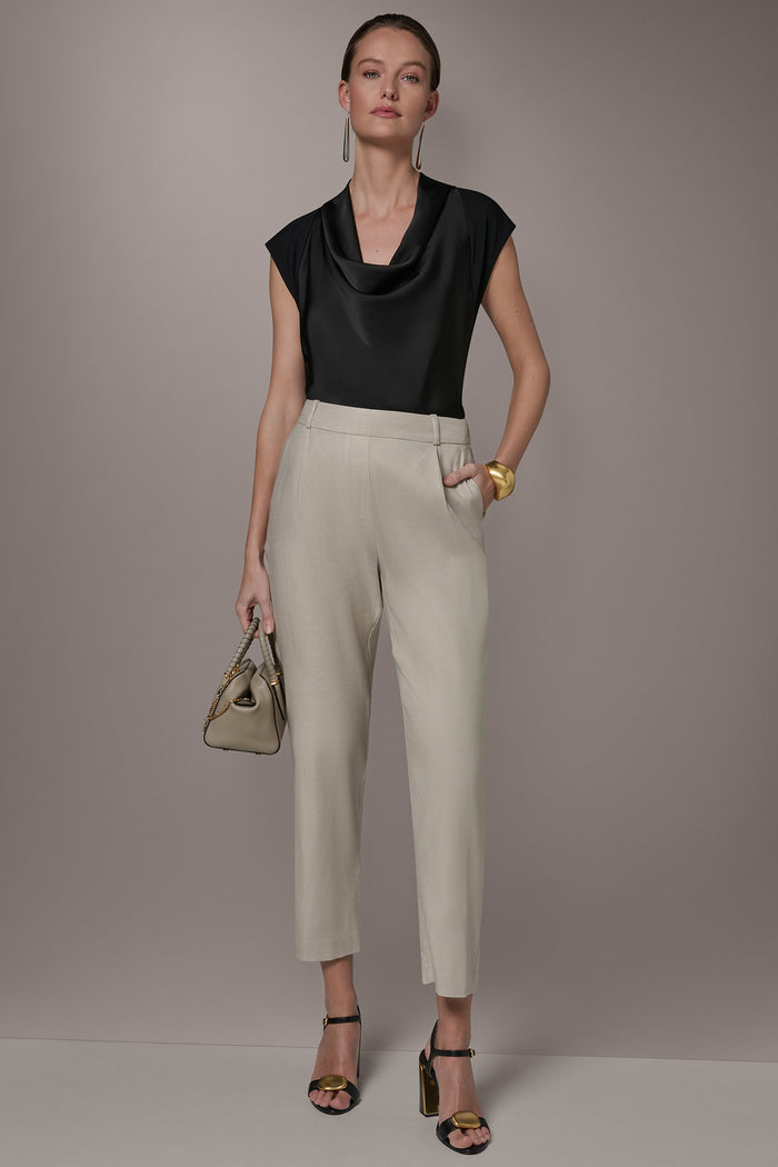 LINEN-BLEND HIGH-RISE PLEATED STRAIGHT ANKLE PANT