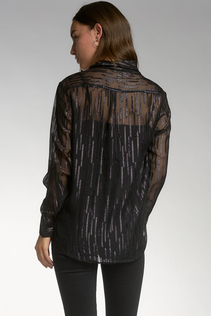Long Sleeve Button-Down Shirt with Pockets - Black Shimmer