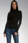 Long Sleeve Mock-Neck Ruched-Side Tee - Black