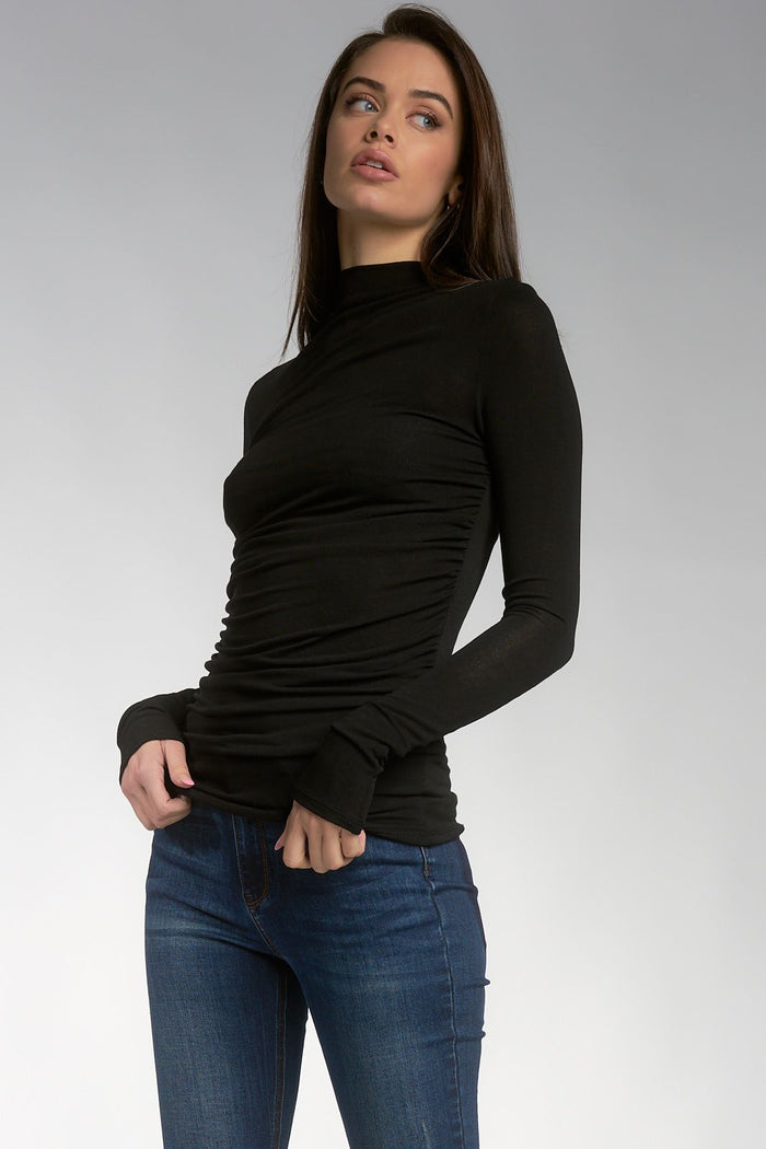 Long Sleeve Mock-Neck Ruched-Side Tee - Black