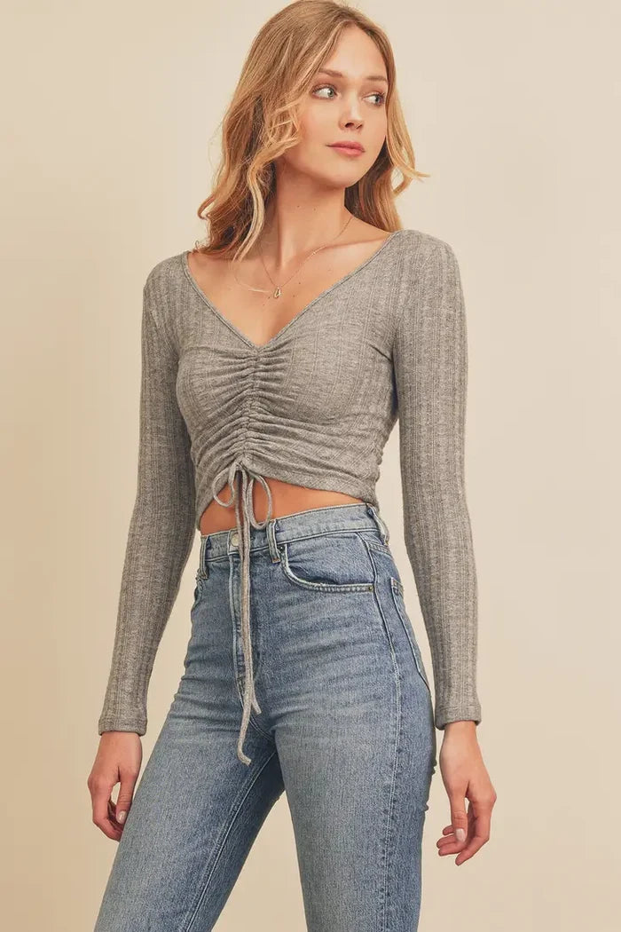 Long Sleeve Ruched Drawstring Knit Top - Grey