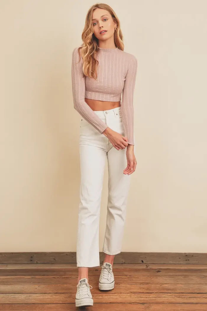 Long Sleeve Soft Knit Crop Top - Light Mauve