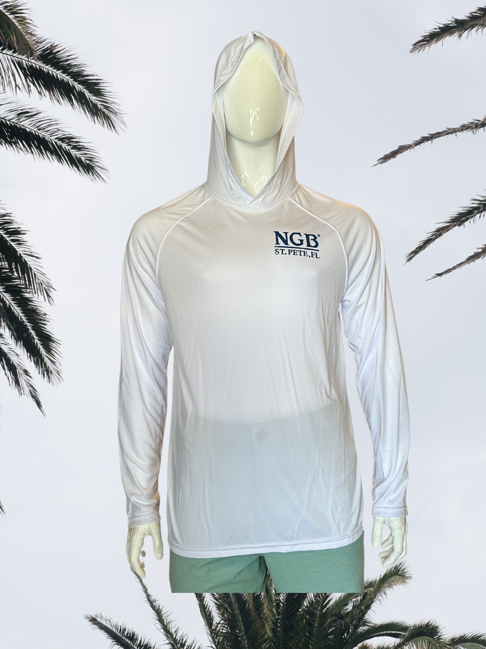 Long Sleeve UPF Sun Shirt with Hood - White - Blue St. Pete Pelican