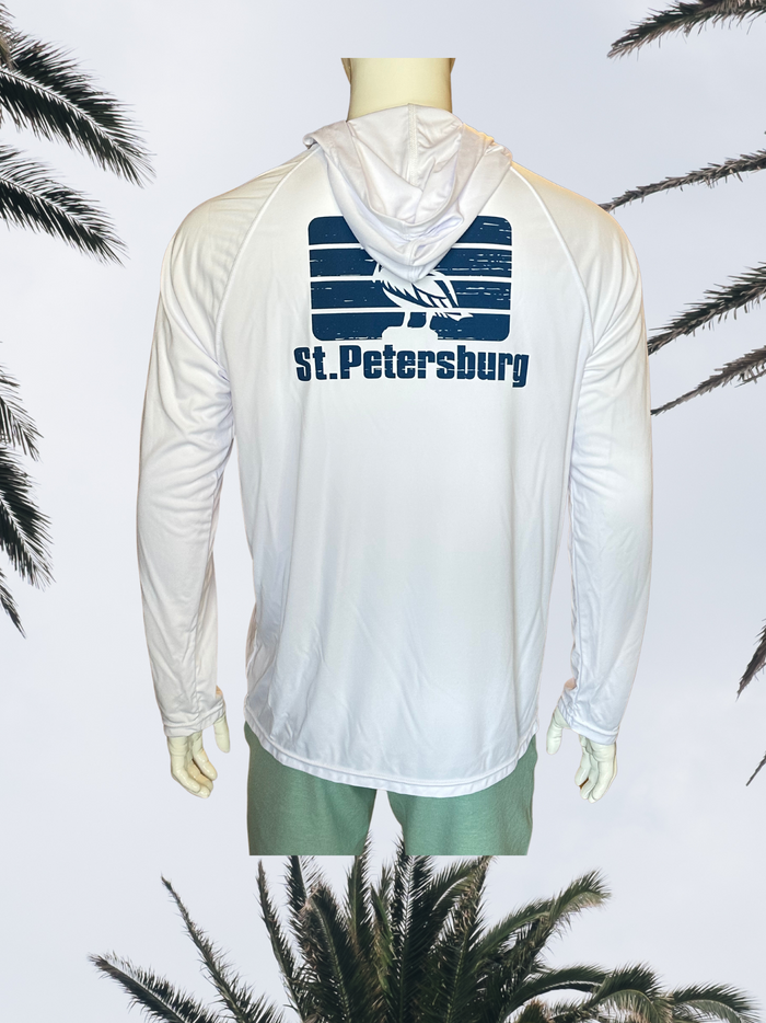 Long Sleeve UPF Sun Shirt with Hood - White - Blue St. Pete Pelican