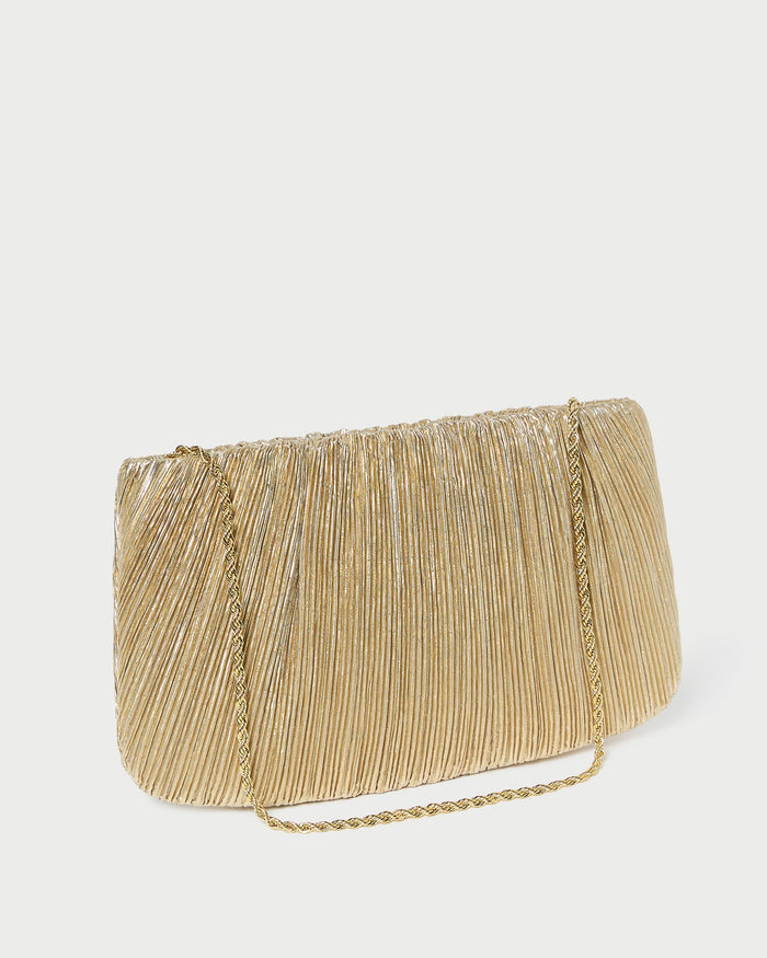 Loeffler Randall Brit Pleated Flat Clutch in gold lamé, alternate view showing removable twisted gold chain strap