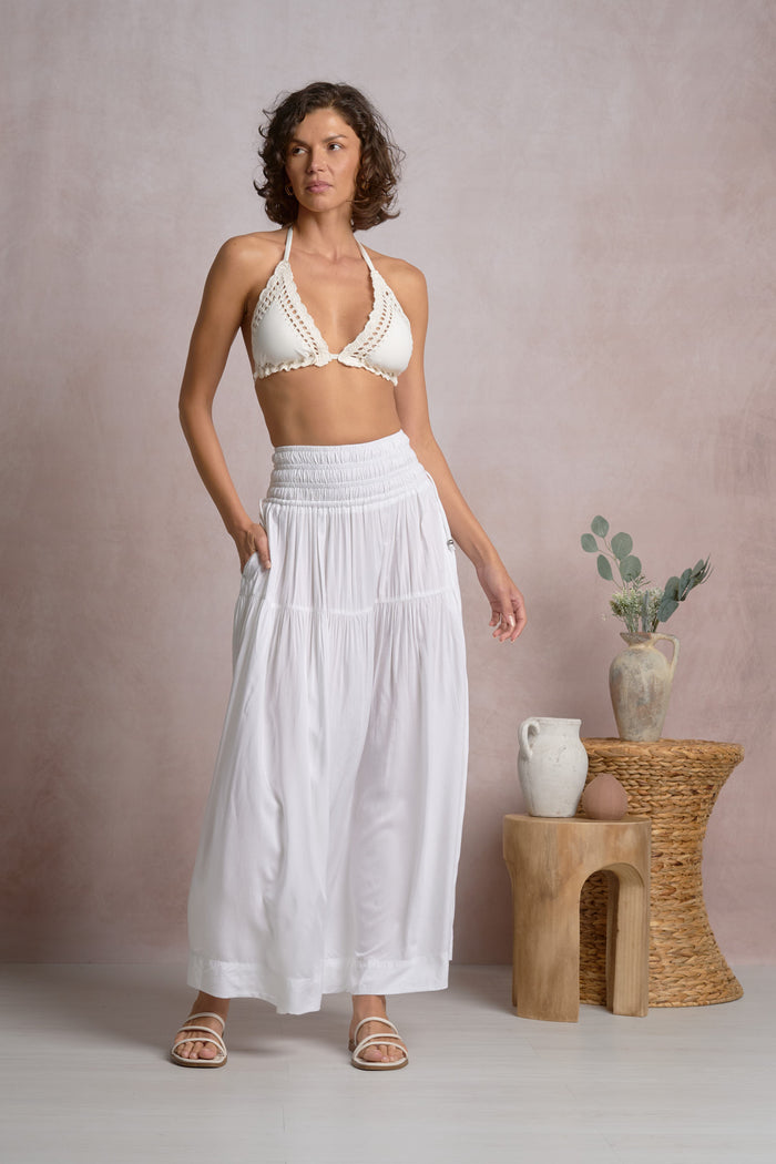 Maxi Skirt with Smocked Waistband - White