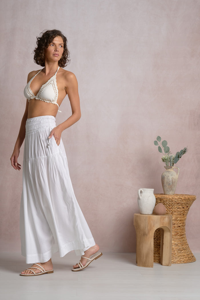 Maxi Skirt with Smocked Waistband - White