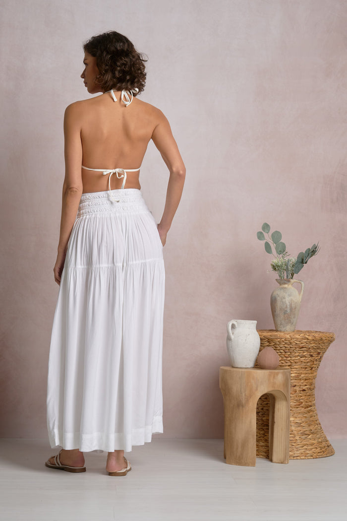 Maxi Skirt with Smocked Waistband - White