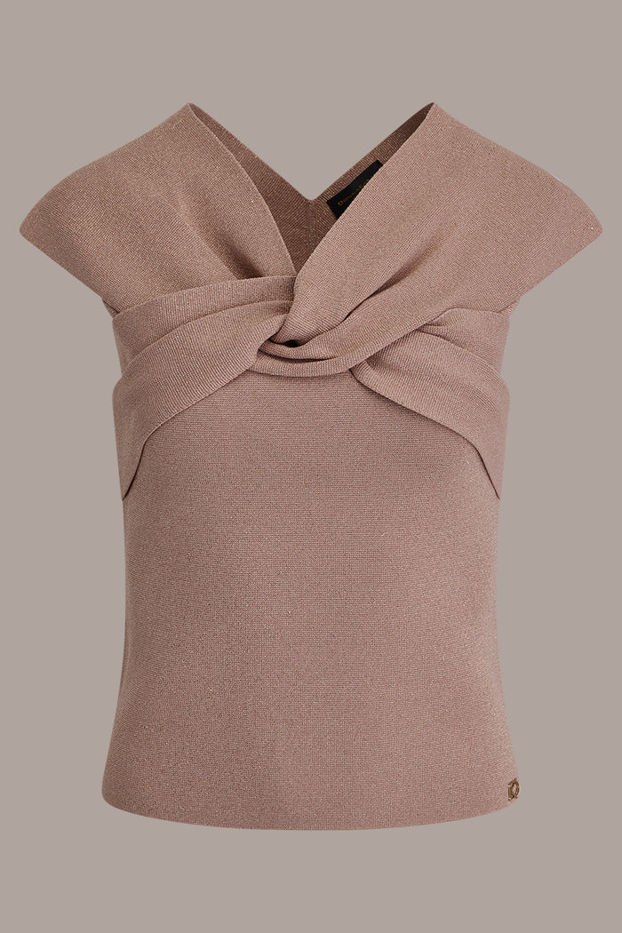 METALLIC TWIST OFF THE SHOULDER SWEATER