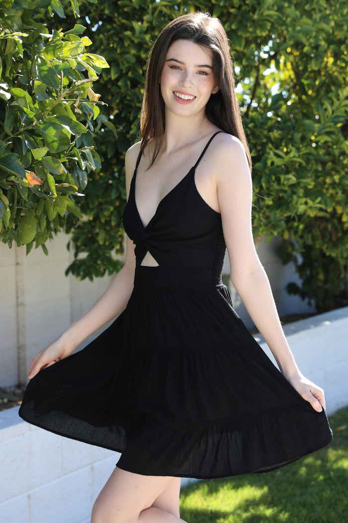 Mini Dress with Twist Front and Keyhole - Black