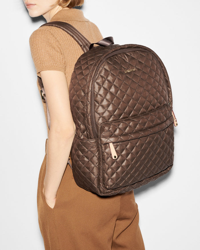 MZ Wallace Metro Backpack in Walnut, shown on model