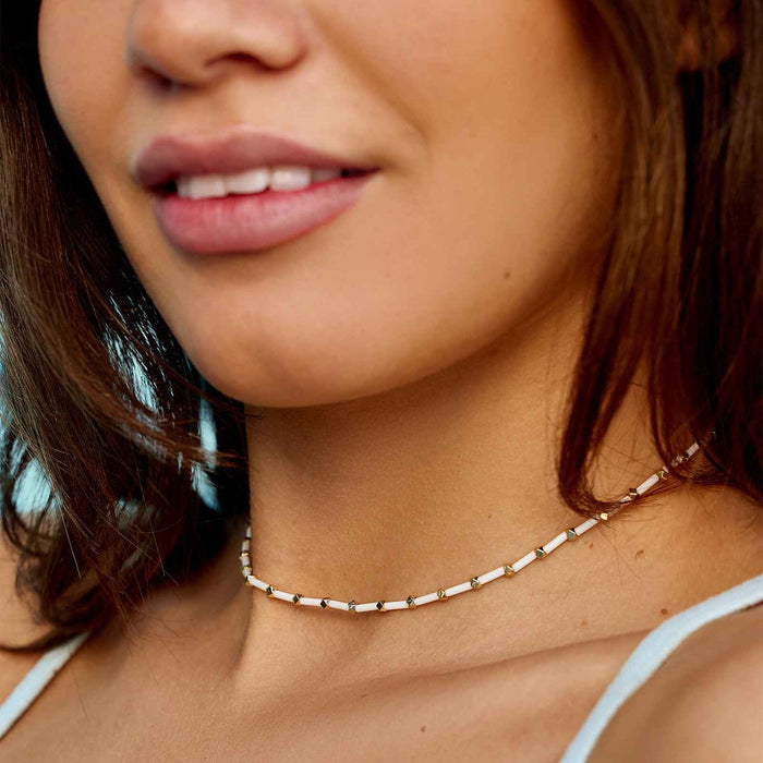 Necklace - Tube Bead Choker - Gold - White
