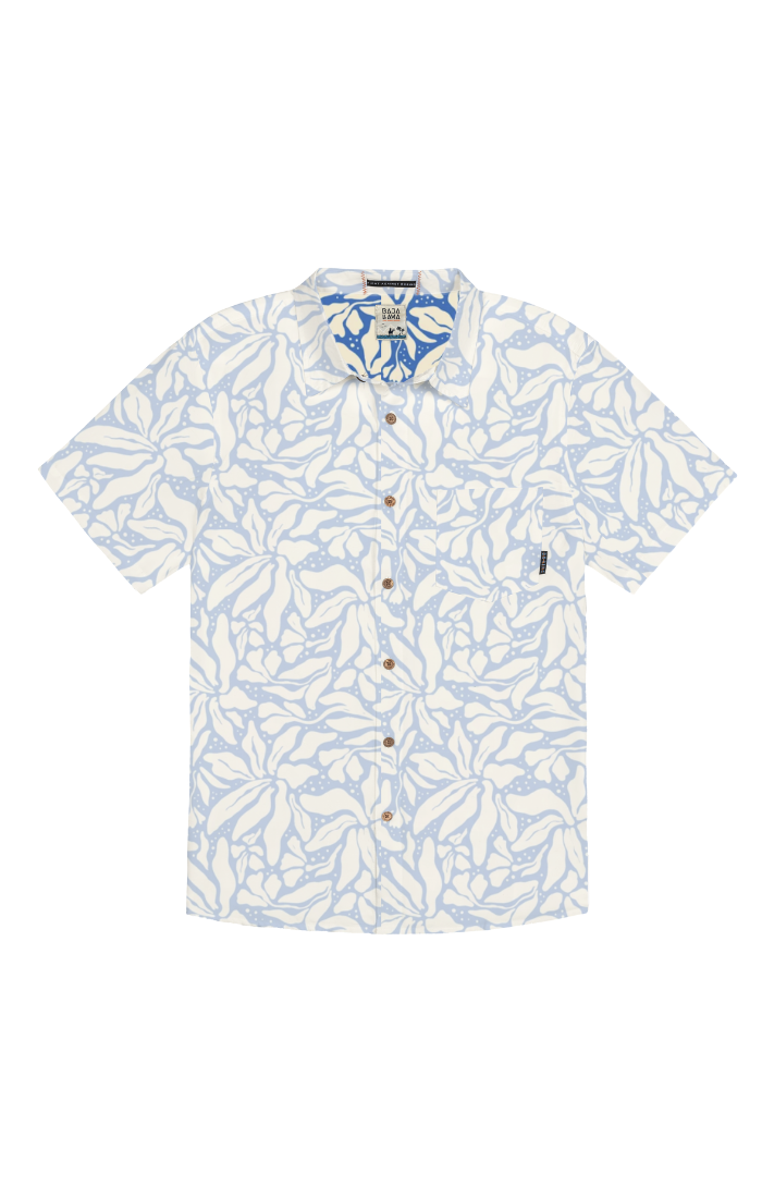 Night Hawk Short Sleeve Button-Down Shirt - Leaf Me Blue (White)