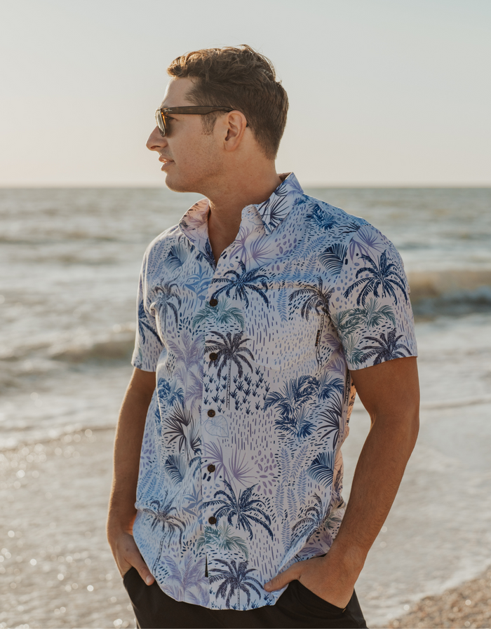 Night Hawk Short Sleeve Button-Down Shirt - White Hot Tropics (White)
