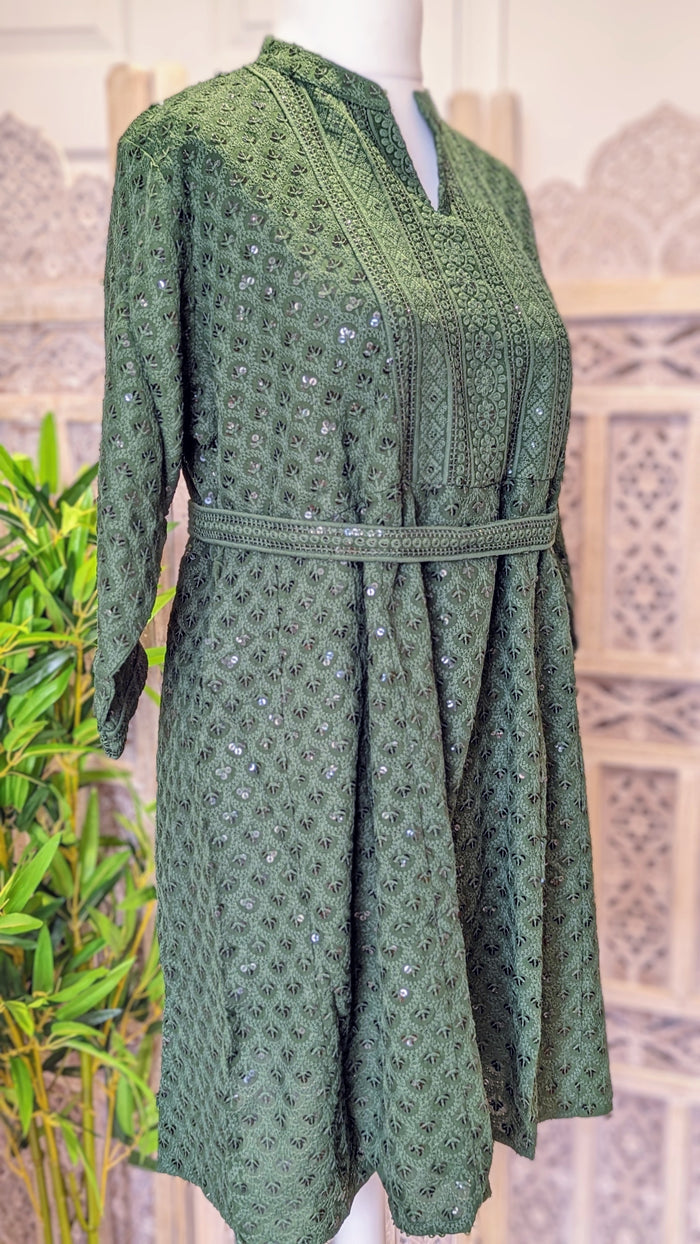 Olive Short Belted Chikankari A-Line Kurti